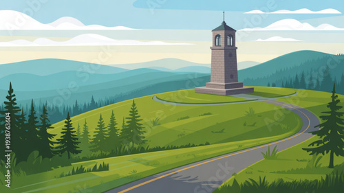 Serene landscape with historic monument tower on hilltop surrounded by lush green hills and winding road