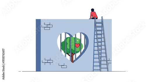 Thought-provoking illustration of a person on a wall looking at a tree and heart behind bars in a heart-shaped window, symbolizing confined love or environmental issues.
