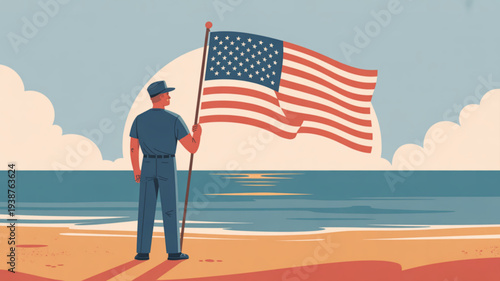 Man standing on beach holding american flag patriotic scene with ocean waves and cloudy sky