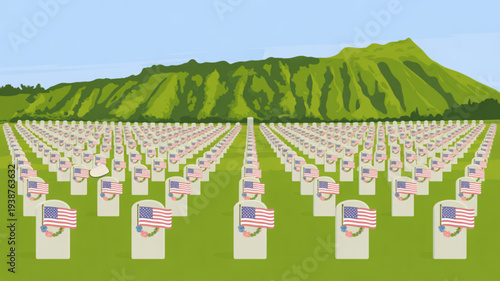 Patriotic military cemetery with american flags on graves and lush green mountain background