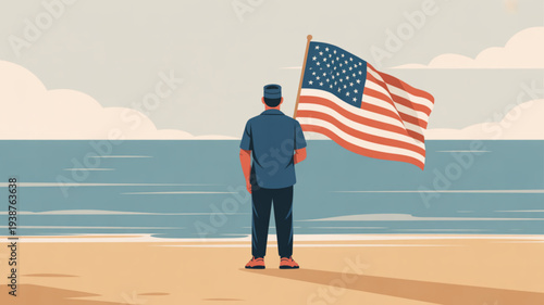 Man in blue uniform holding american flag on beach with ocean view patriotism and freedom concept