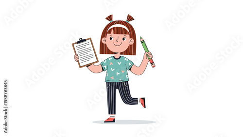 Cheerful girl happily holding a clipboard with a checklist and a crayon, symbolizing organization, creativity, and readiness for tasks or learning.
