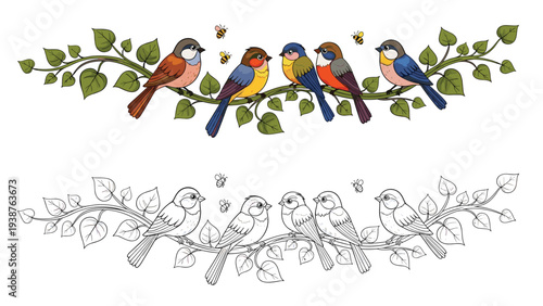 Dual illustration featuring a colored and an outline version of charming birds perched on a leafy branch with flying bees, depicting nature and wildlife.