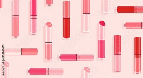 Various pink and red lipsticks scattered on a light pink background showcasing different shades and styles of makeup