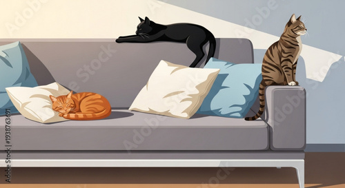 Three cats on a gray couch with blue and white pillows in a cozy room