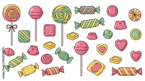 Colorful assortment of various candies and lollipops, including swirls and wrapped treats, perfect for sweet cravings and party favors.
