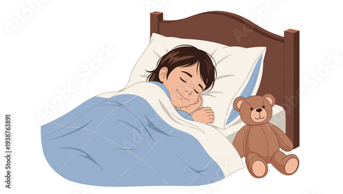 Young boy happily sleeping in his bed, comfortably nestled under a blue blanket with a brown teddy bear beside him.