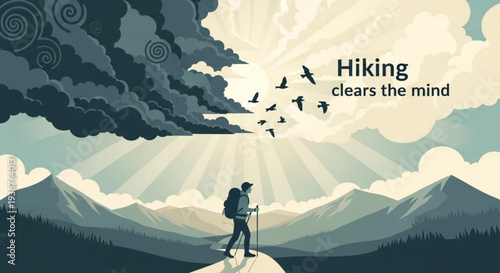 Hiker on mountain peak with birds flying free sunny landscape with cloudy sky hiking clears the mind