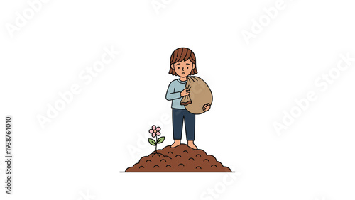 Sad young girl standing on a mound of soil with a small flower, holding a burlap sack, representing themes of effort, disappointment, or ecological concern.