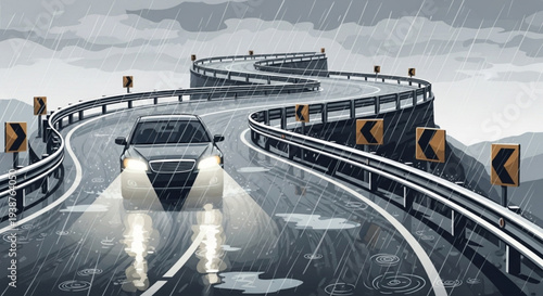 Car drives on winding mountain road during rainy day with headlights on wet asphalt road with guardrails and directional signs stormy weather