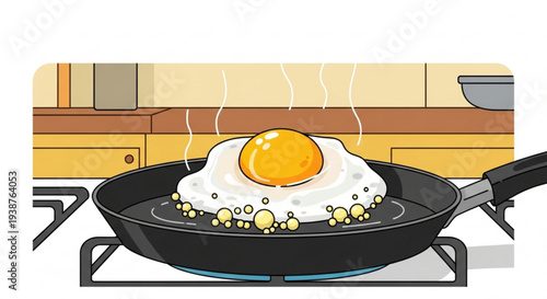 Fried egg cooking in a black pan on a gas stove with kitchen background