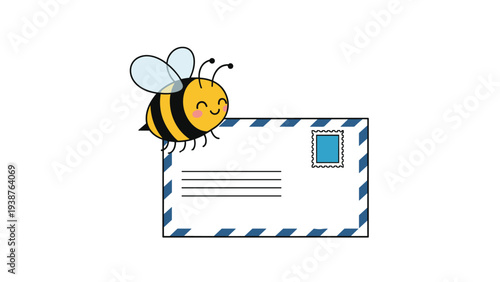 Adorable cartoon bee happily flying with a letter envelope, symbolizing communication, delivery, and a sweet message.