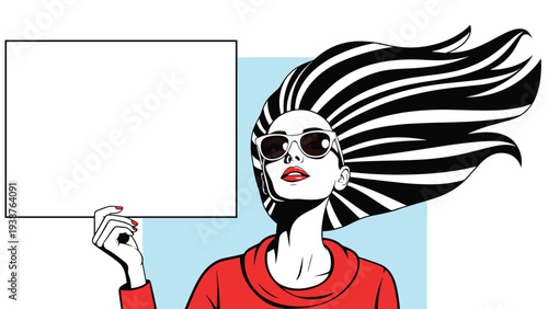 Fashionable woman with dramatic flowing hair, sunglasses, and a red top, holding an empty rectangular sign for custom text or advertising.