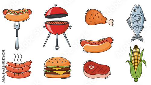 Delicious set of barbecue food items, featuring grilled hot dogs, a BBQ grill, chicken legs, fish, sausages, hamburgers, steak, and corn on the cob.