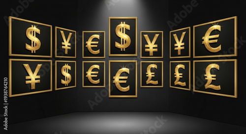 Golden currency symbols on black background with spotlight forex and global finance concept