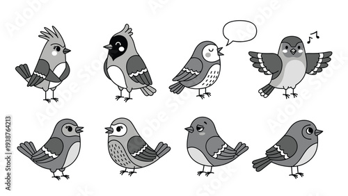 Diverse collection of cartoon birds rendered in grayscale, some with speech bubbles or singing musical notes, perfect for nature and sound themes.