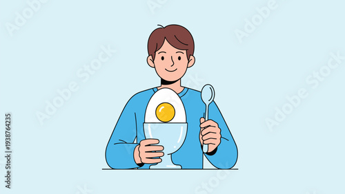 Smiling man holding a perfectly cooked egg in an egg cup with a spoon, ready to enjoy a healthy and simple breakfast.