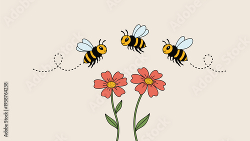 Three happy bees gracefully flying around two vibrant flowers, leaving dotted trails, symbolizing pollination, nature, and spring awakening.