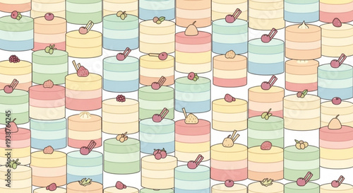 Colorful cake pattern with strawberries and whipped cream on white background for baking design