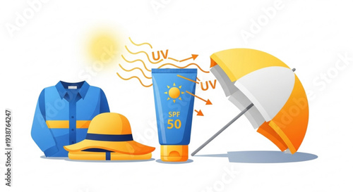 Protective summer gear against uv rays with clothes hat sunscreen spf 50 and umbrella for sun safety