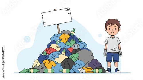 Young boy standing proudly next to a large pile of assorted garbage with a blank sign, highlighting environmental issues and cleanup efforts.