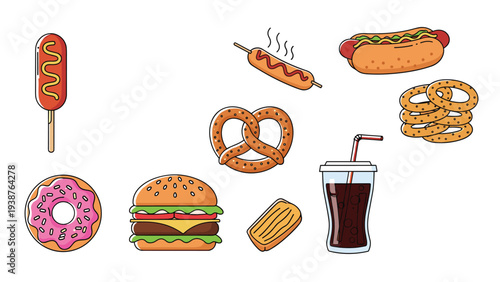 Diverse selection of popular American fast food items, including corn dogs, hot dogs, pretzel, onion rings, donut, burger, churro, and soda, for quick meals.