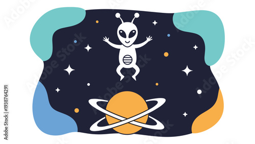 Cute alien happily floating in outer space near a majestic ringed planet, surrounded by twinkling stars and abstract cosmic shapes, ideal for sci-fi themes.