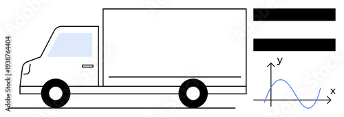 Delivery truck with simple geometric design beside horizontal bars and a sinusoidal wave graph. Ideal for logistics, data analysis, supply chain, transport, statistics, science, business, simple flat