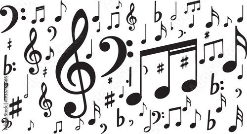 Musical notes clefs and symbols scattered background elements
