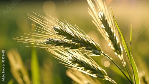 Closeup of Wheat Stalks in Golden Sunlight.
