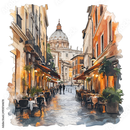 Watercolor illustration of Rome street with outdoor cafes and St Peters Basilica