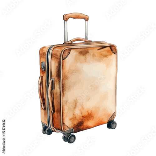 Watercolor Vintage Leather Suitcase Illustration with Wheels and Handle