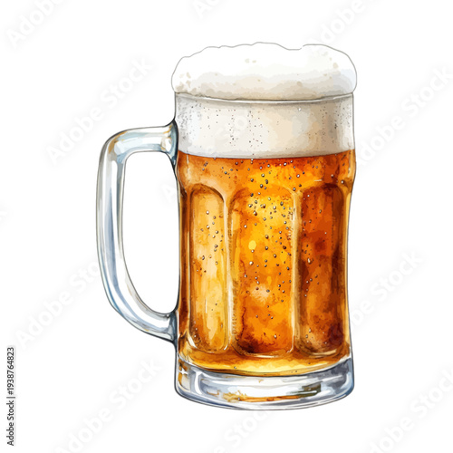 Watercolor illustration of a frothy beer mug with golden lager and foam