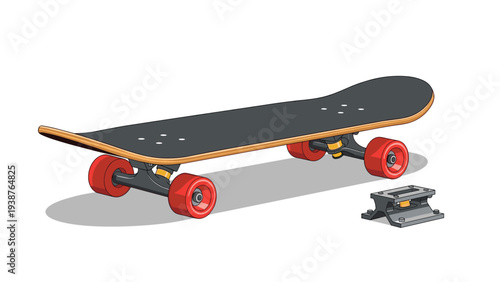 Detailed illustration of a realistic skateboard with vibrant red wheels and a detached truck, showcasing components for assembly or repair.
