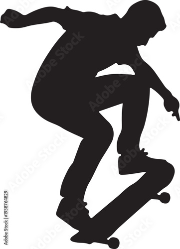 Skater man silhouette doing an ollie trick on a skateboard vector art