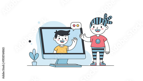 Happy boy on a computer screen waving to a girl outside the screen, symbolizing video calls, online communication, and virtual connection.
