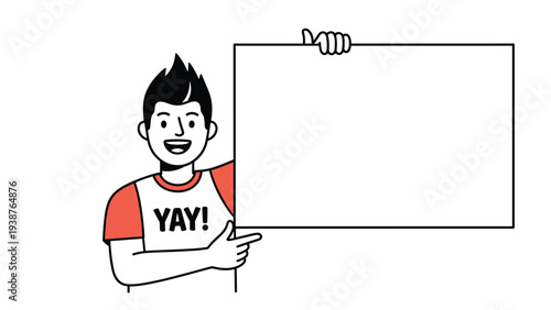 Happy man in a "YAY!" shirt, smiling and enthusiastically pointing to a large blank sign, perfect for custom messages or positive announcements.