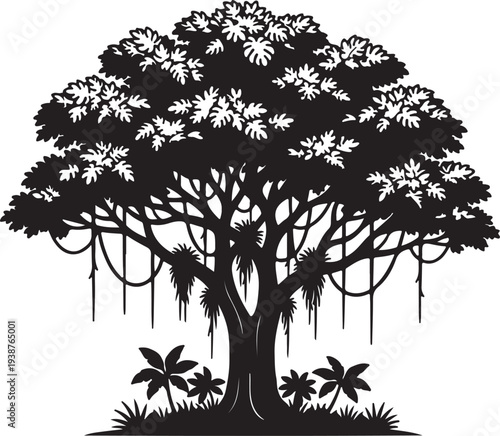 Large tropical tree silhouette with hanging vines and plants illustration
