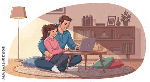 Couple sitting on floor using laptop together at home