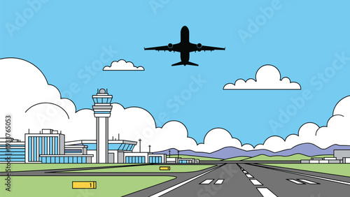 Dynamic airport scene with a large airplane taking off from the runway, complete with a control tower and terminal buildings under a clear blue sky.