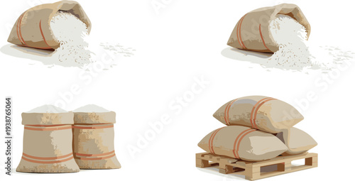 Rice sacks collection with spilling grains burlap bags storage warehouse agriculture food supply illustration set isolated on white background farming harvest concept