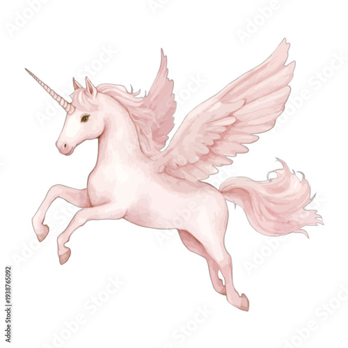 Watercolor pink alicorn illustration with majestic wings and spiral horn