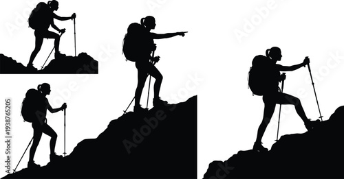 Set of active female hiker silhouettes with backpacks and trekking poles climbing rocky terrain, woman mountain climber pointing at peak isolated on white background