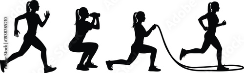 Set of active woman silhouettes exercising, female athlete running, squatting with water bottle, and training with battle ropes at gym