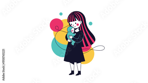 Beautiful illustration of a mother lovingly cradling her baby, surrounded by abstract colorful shapes symbolizing the warmth of maternal bond.