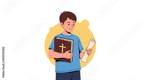 Young boy respectfully holding a bible and a rolled document, symbolizing religious studies, spiritual growth, and academic achievement.