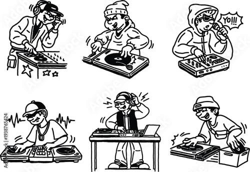 Vintage Vintage Streetwear DJ Characters Mixing Turntables Scratching Vinyl And Rapping Microphone In Retro Hip Hop Urban Music Illustration Style DJ Character Set