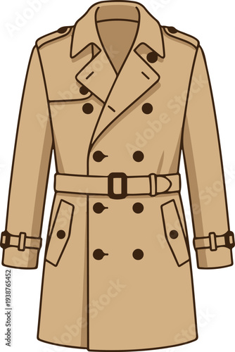 Classic beige trench coat vector illustration with double-breasted buttons and belt, stylish outerwear fashion design.
