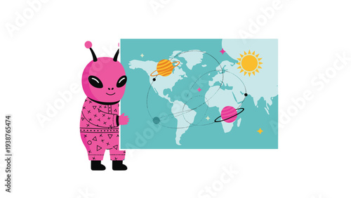 Friendly pink alien character presenting a stylized world map featuring orbiting planets, symbolizing global connection and space exploration.
