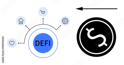 Decentralized finance with connected icons for shopping, housing, and technology. Decentralized finance enables secure transactions and future technology. Suitable for fintech, blockchain
